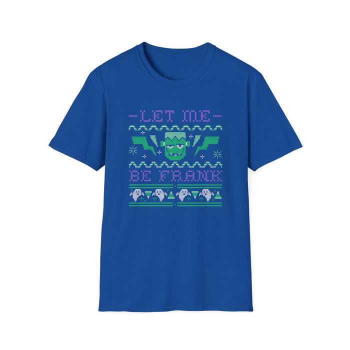 royal blue t-shirt with spooky frankenstein pun design