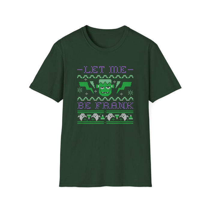 forest green t-shirt with let me be frank monster halloween artwork
