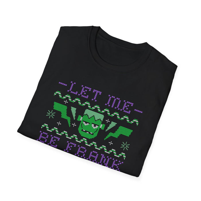 black t-shirt showing let me be frank halloween monster graphic close-up