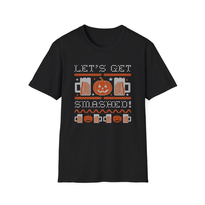 dark chocolate t-shirt with let's get smashed halloween beer pumpkin graphic