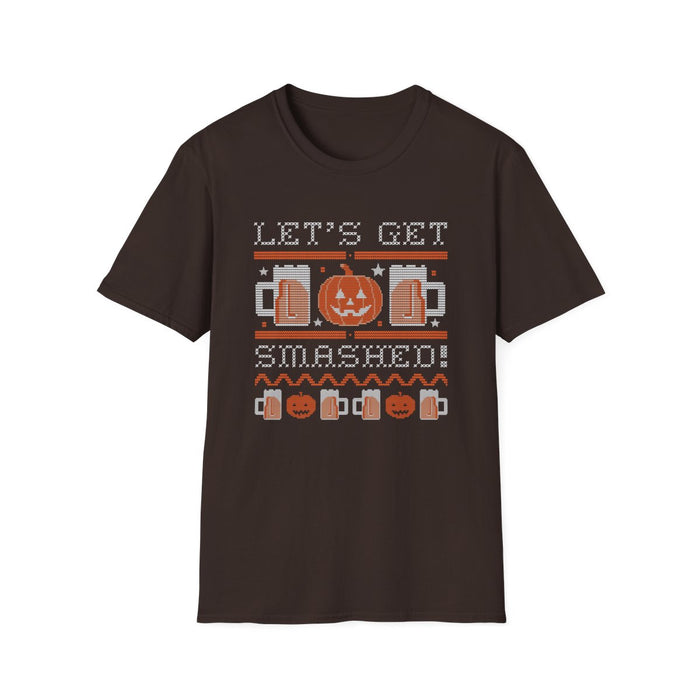 navy blue t-shirt with let's get smashed halloween beer design
