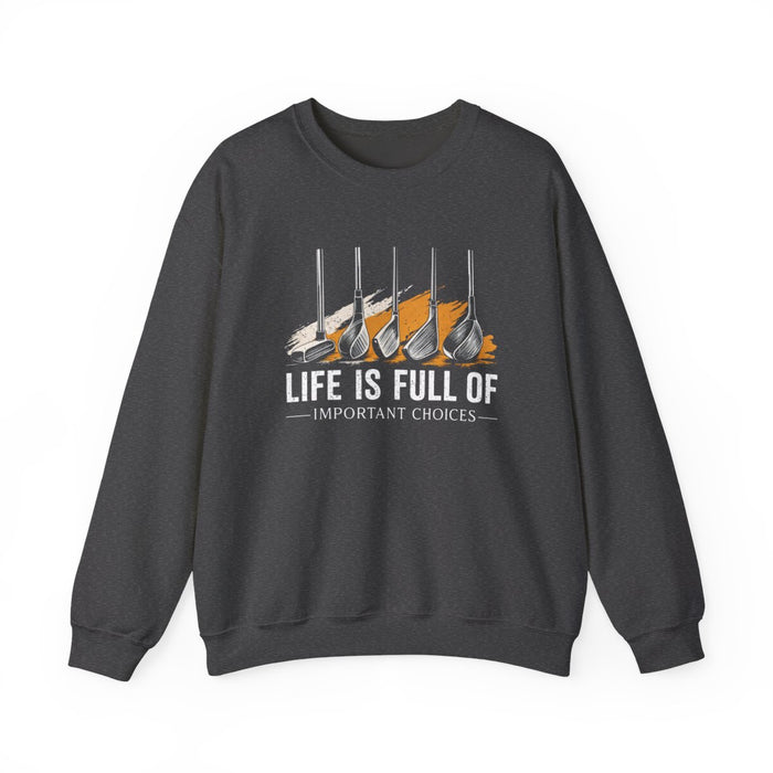 navy sweatshirt with important choices golf slogan print