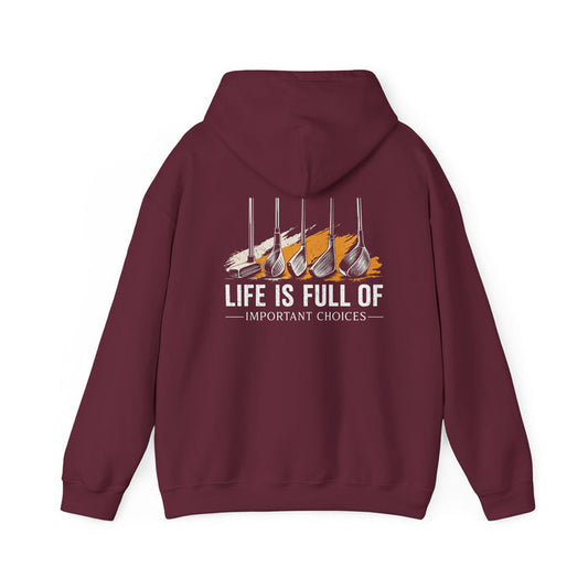 dark heather hoodie with life is full of important choices golf design for golfers