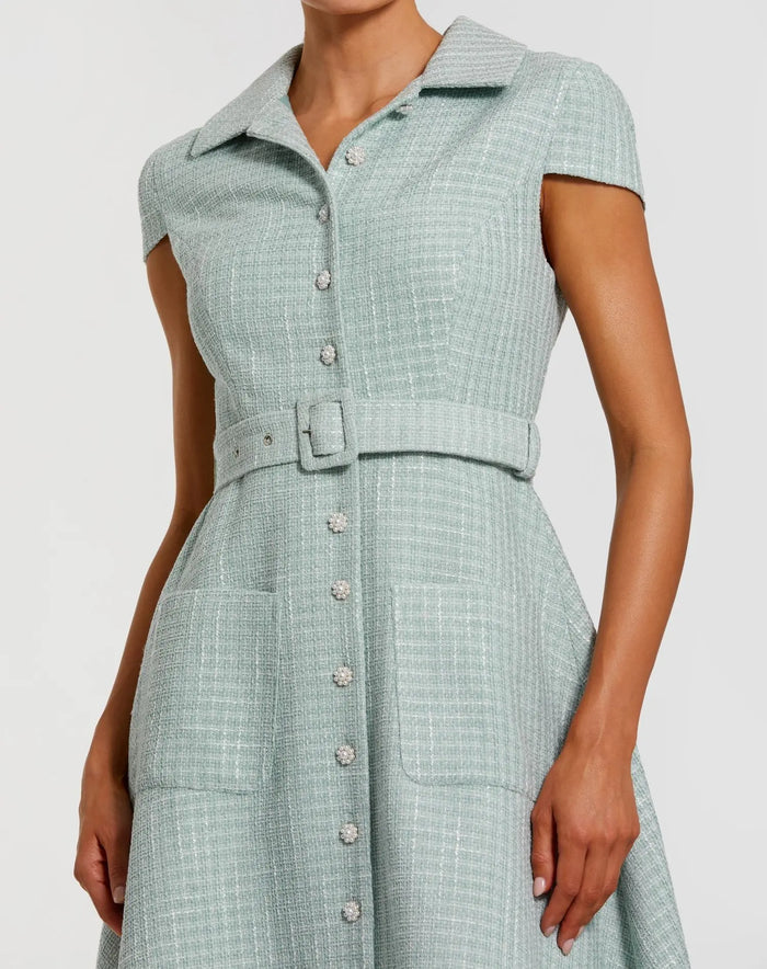 Light Blue Boucle Cap Sleeve Button Up Midi Dress Mac Duggal