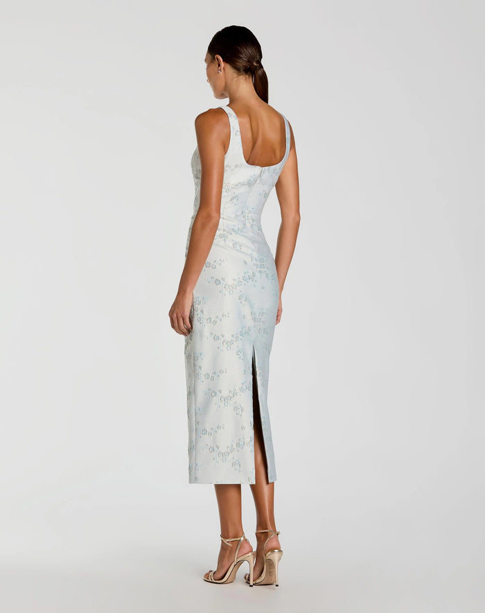 Light Blue Brocade Sleeveless Scoop Neck Midi Dress Mac Duggal