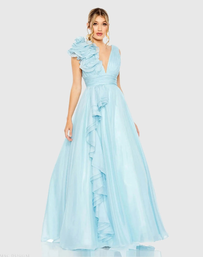 Light Blue Ruffle Shoulder V-Neck Chiffon Gown - Mac Duggal