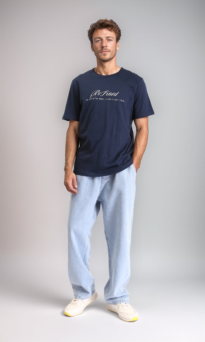 Light Blue Wide Leg Jeans - Slip On Casual Cotton Denim for Men