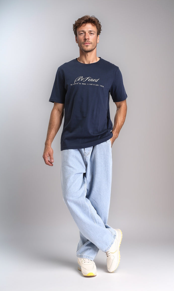 Light Blue Wide Leg Jeans - Slip On Casual Cotton Denim for Men