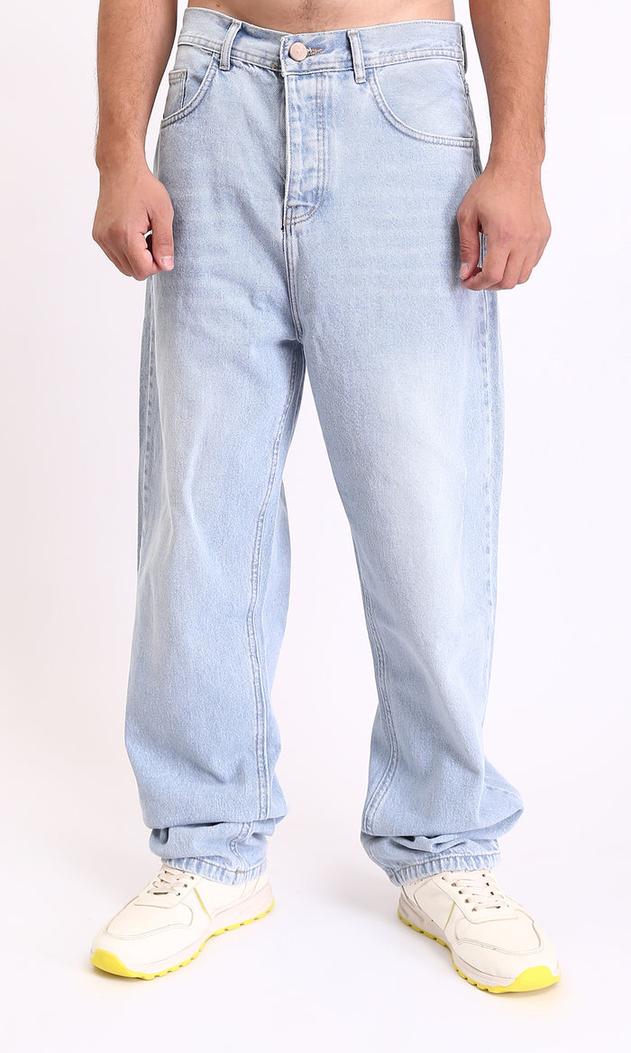 Light Blue Wide Leg Jeans - Straight Fit Cotton Denim for Men - R208749