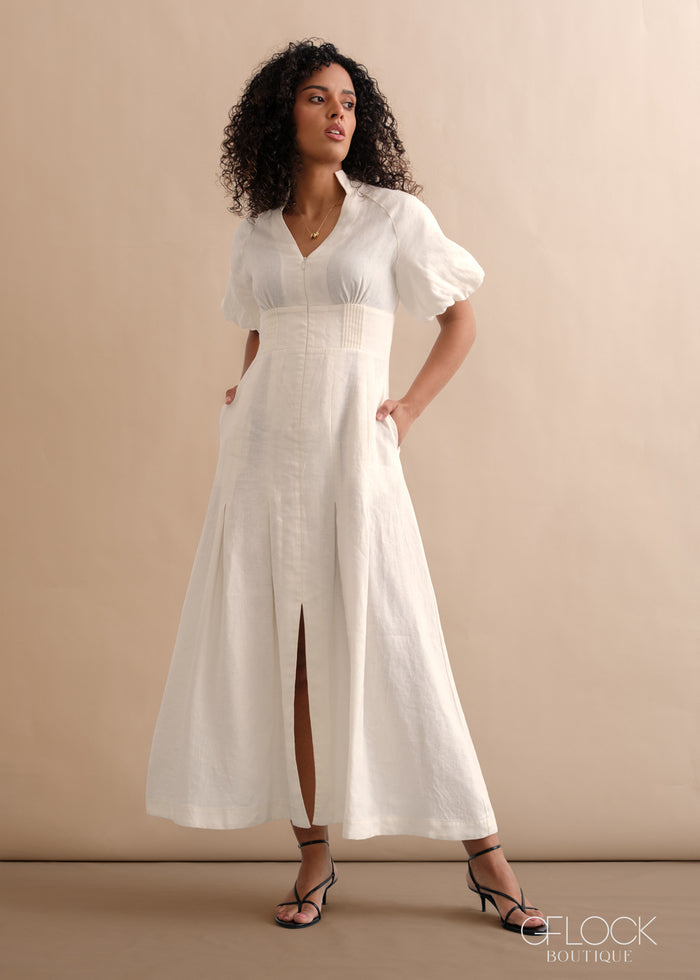 Linen Puff Sleeve Maxi Dress - 170526