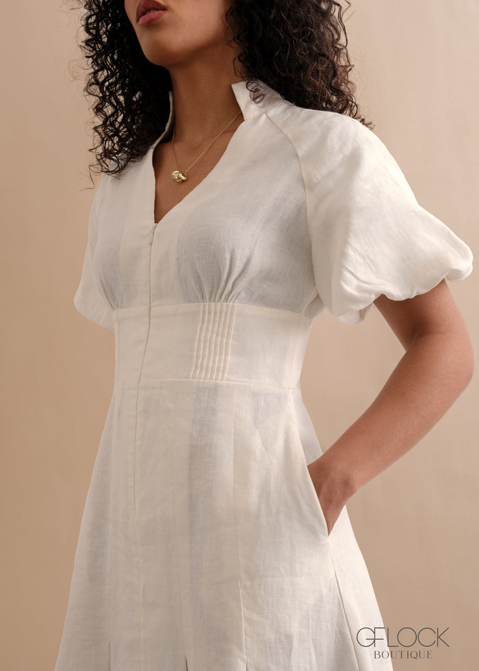 Linen Puff Sleeve Maxi Dress - 170526
