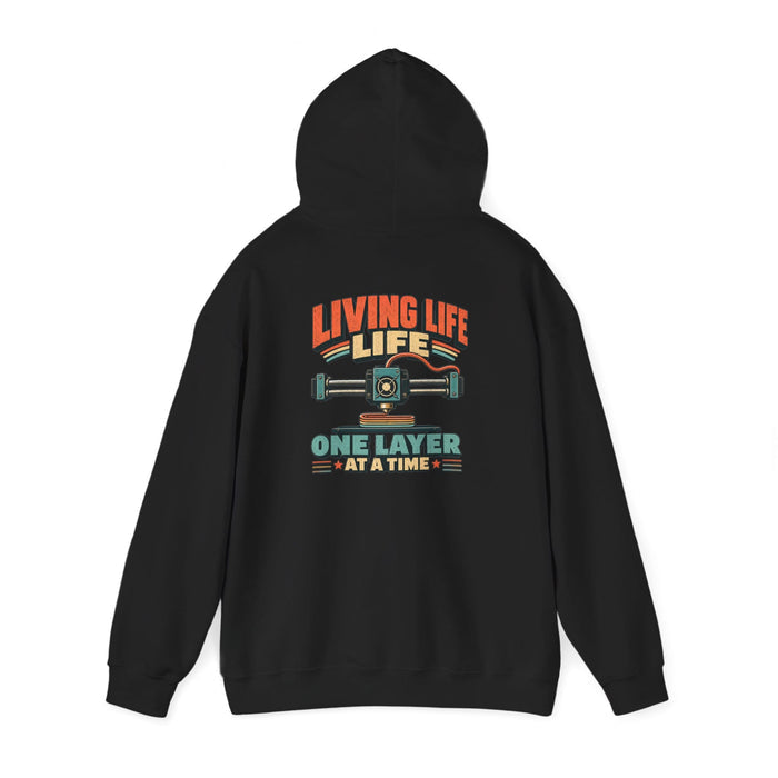 black hoodie with living life one layer at a time vintage 3D printing design