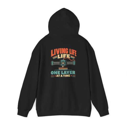 black hoodie with living life one layer at a time vintage 3D printing design