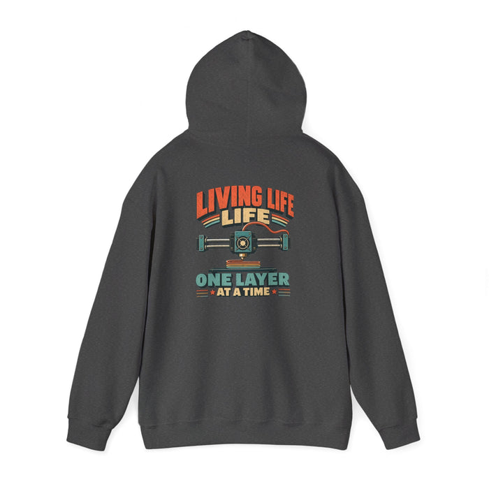 dark heather hoodie with living life one layer at a time vintage 3D printing design