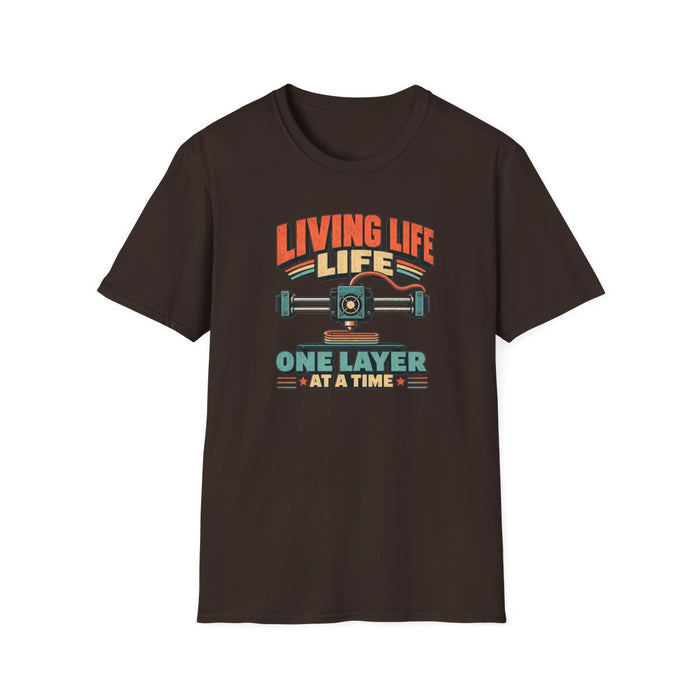 black t-shirt featuring living life one layer at a time funny 3d printing graphic