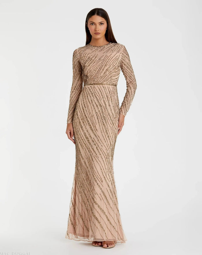 Beige Long Sleeve Beaded Column Gown - Mac Duggal