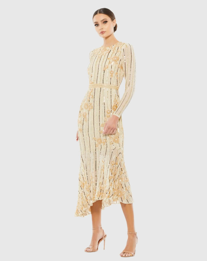 Gold Long Sleeve Embellished Tea Length Dress - Mac Duggal