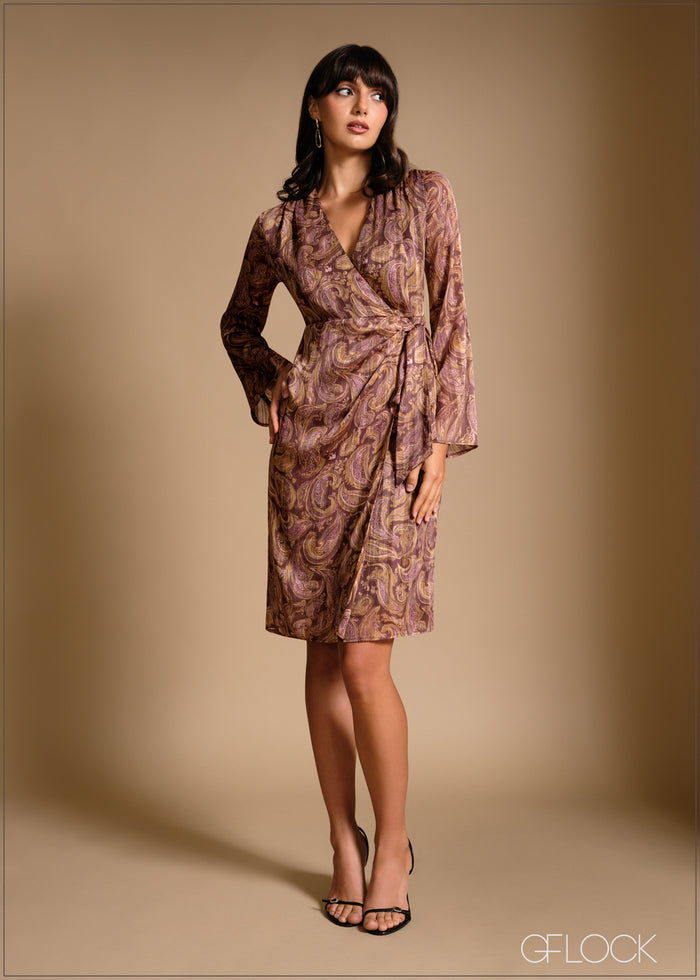 Bell sleeve mock wrap mini dress