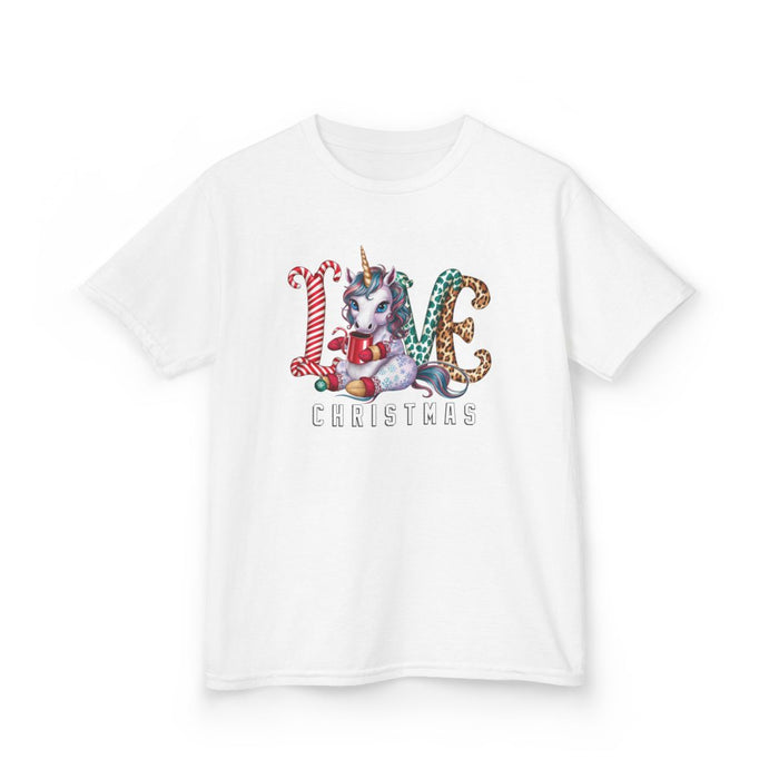 light blue kids t-shirt with magical unicorn and santa hat christmas graphic
