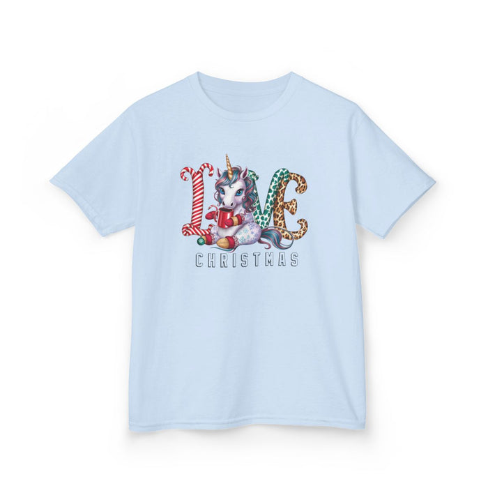 light pink kids t-shirt with festive unicorn christmas print