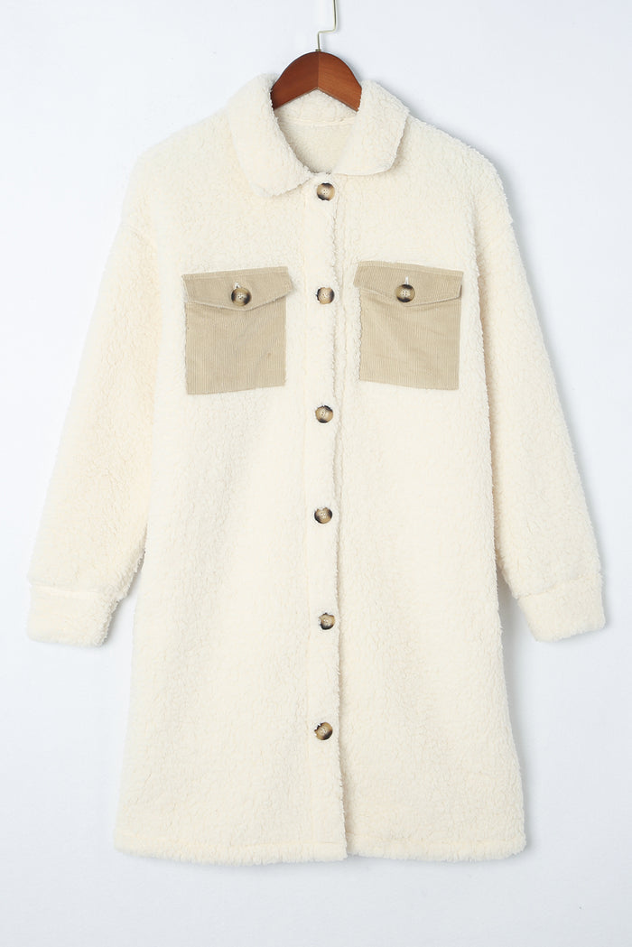 Manteau Long Teddy à Poches Contrastées