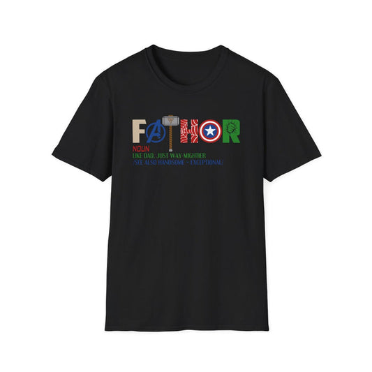 black t-shirt with Marvel inspired father funny superhero dad design