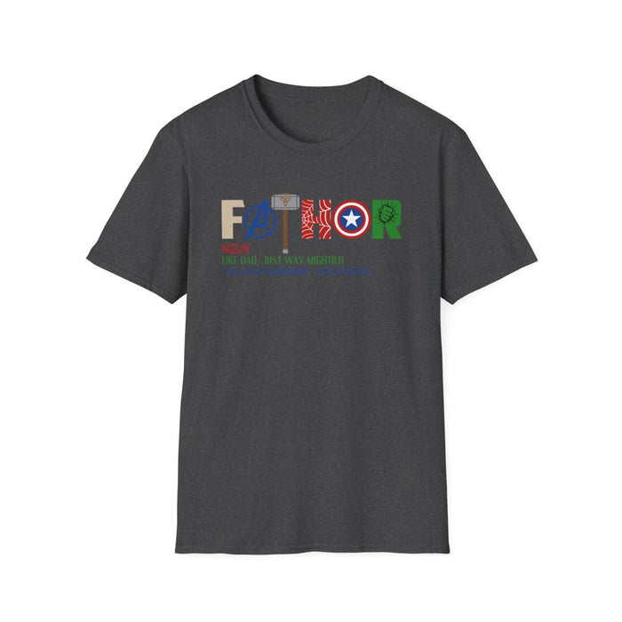 navy t-shirt with Marvel inspired father funny superhero dad design
