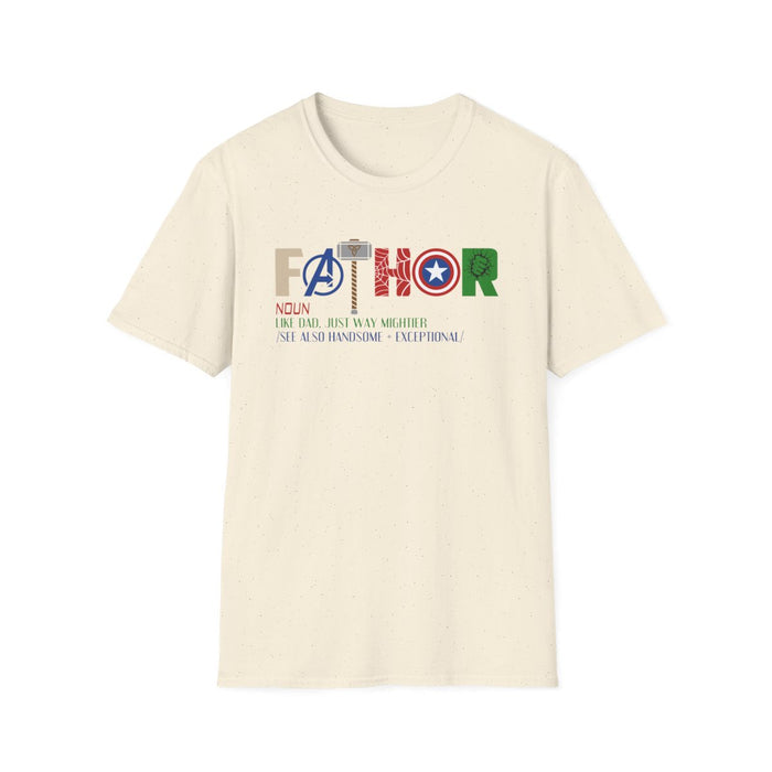 light blue t-shirt with Marvel inspired father funny superhero dad design