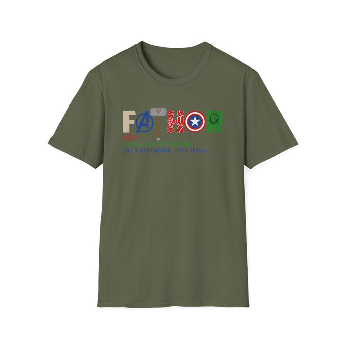 military green t-shirt with Marvel inspired father funny superhero dad design