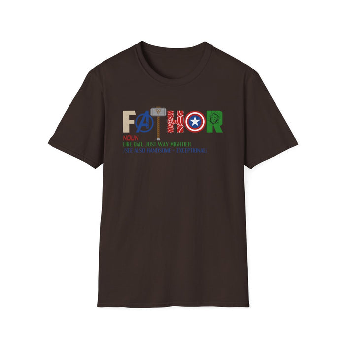 dark heather t-shirt with Marvel inspired father funny superhero dad design