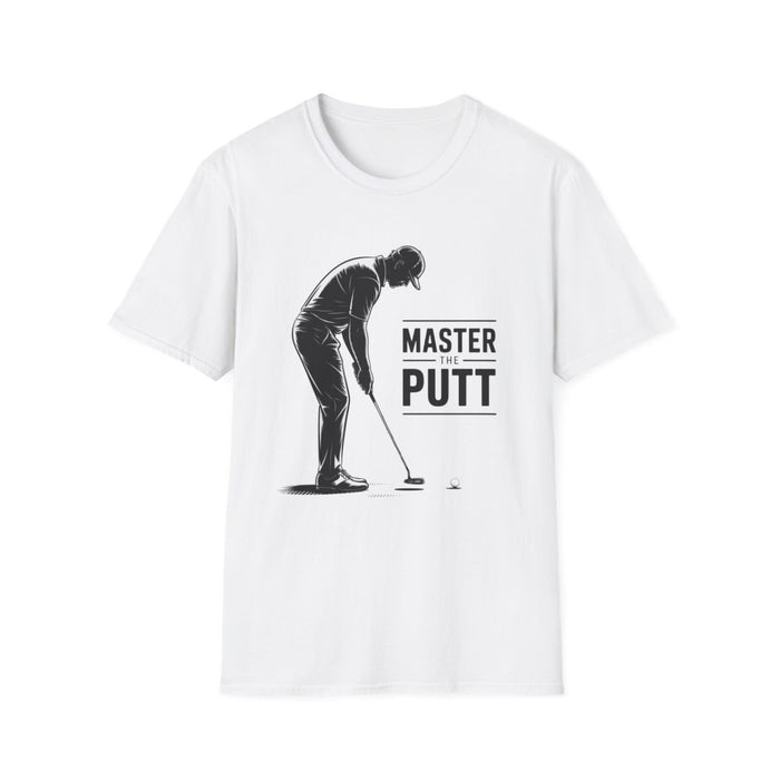 light blue t-shirt with master the putt funny golf dad design