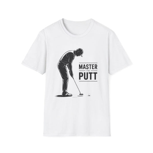 light blue t-shirt with master the putt funny golf dad design