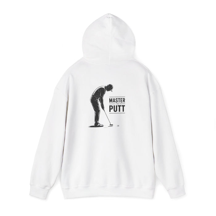 white hoodie with master the putt golf graphic for dad gift