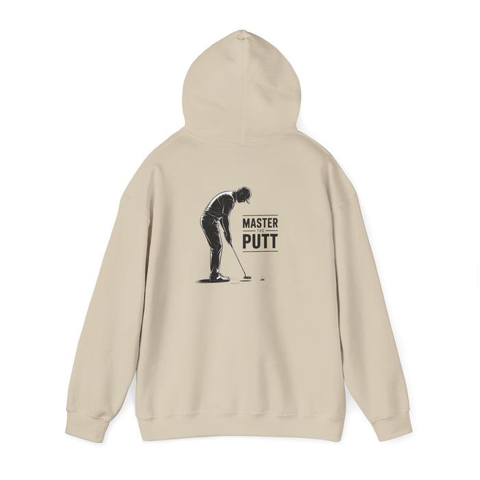 light pink hoodie with master the putt bold golf print
