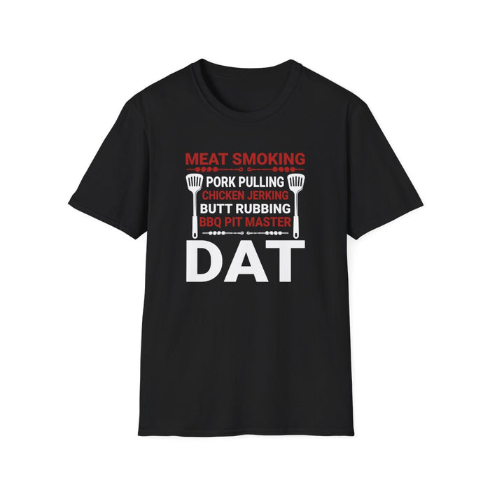 black t-shirt with meat smoking pork pulling BBQ pit master dad funny design