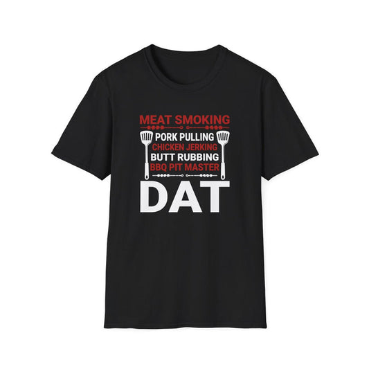 black t-shirt with meat smoking pork pulling BBQ pit master dad funny design