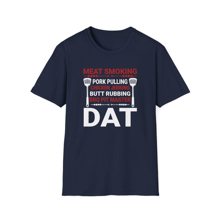 navy t-shirt with funny BBQ pit master pork smoking design