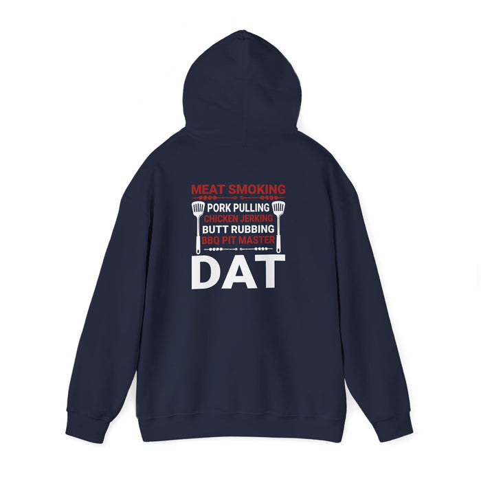 black hoodie with bold pit master smoking meat graphic for BBQ enthusiasts