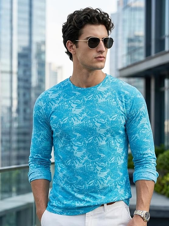 Men's Aqua Blue Printed Full Sleeve Slim Fit Cotton T-Shirt