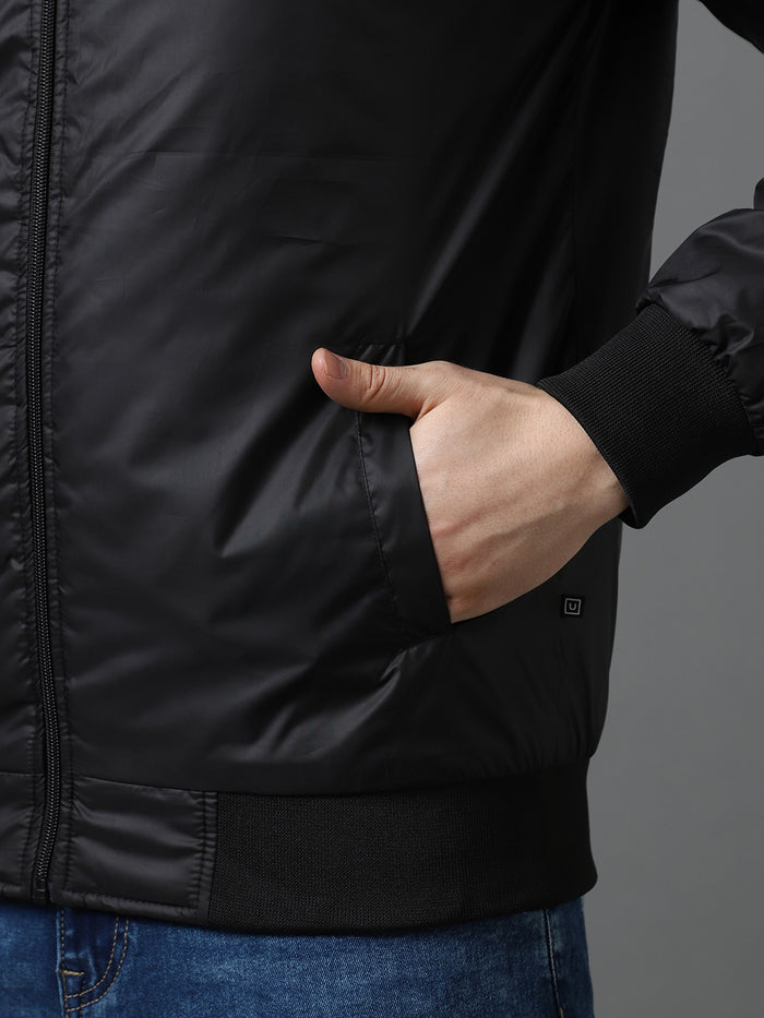 Men's Black Full Sleeve Zippered Bomber Jacket