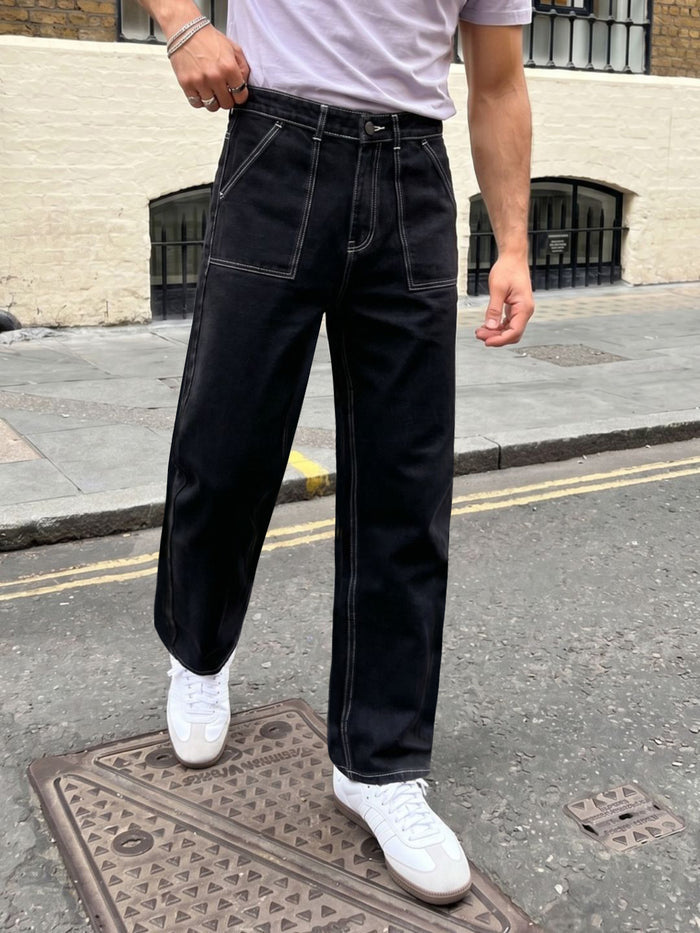 Men's Black Loose Baggy Fit Washed Denim Jeans Non-Stretchable