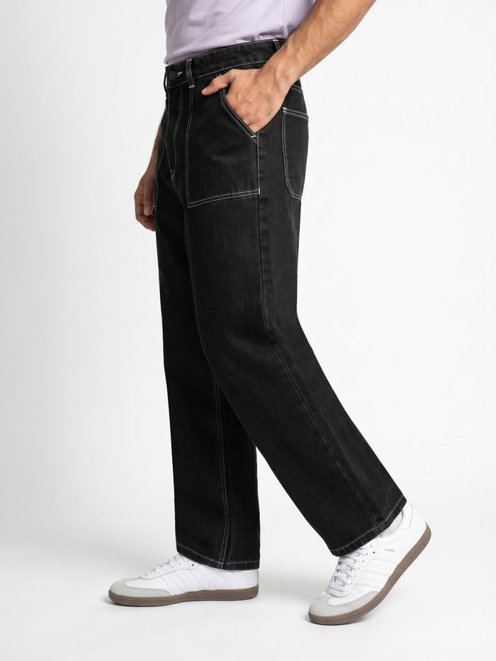 Men's Black Loose Baggy Fit Washed Denim Jeans Non-Stretchable