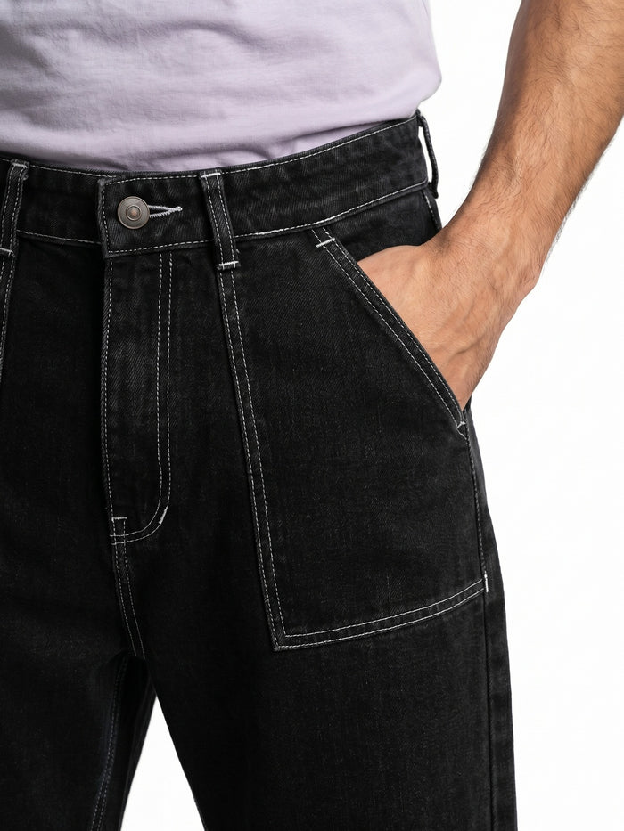 Men's Black Loose Baggy Fit Washed Denim Jeans Non-Stretchable