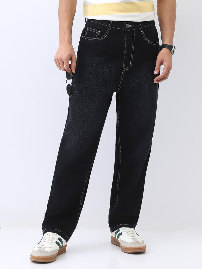 Men's Black Loose Baggy Fit Washed Jeans Non-Stretchable