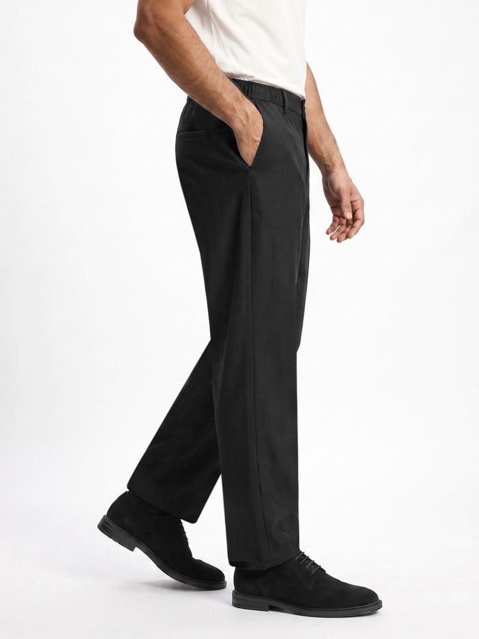 Men's Black Relaxed Fit Solid Linen Blend Trousers Non-Stretchable