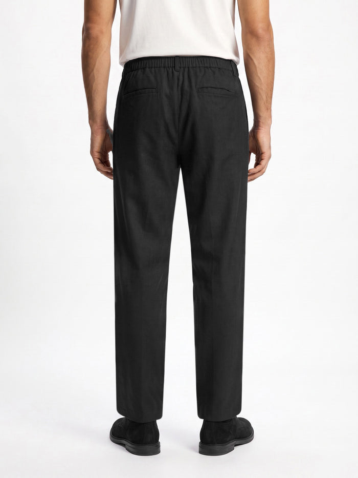 Men's Black Relaxed Fit Solid Linen Blend Trousers Non-Stretchable