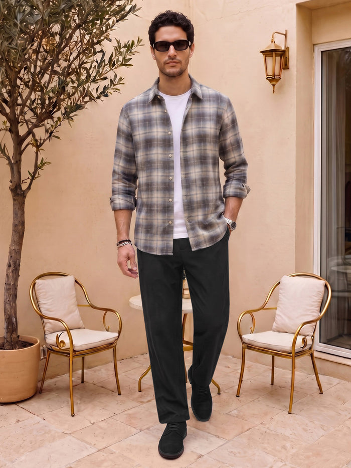 Men's Black Relaxed Fit Solid Linen Blend Trousers Non-Stretchable