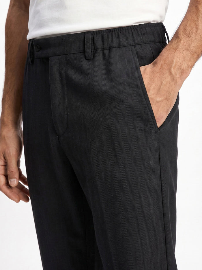 Men's Black Relaxed Fit Solid Linen Blend Trousers Non-Stretchable
