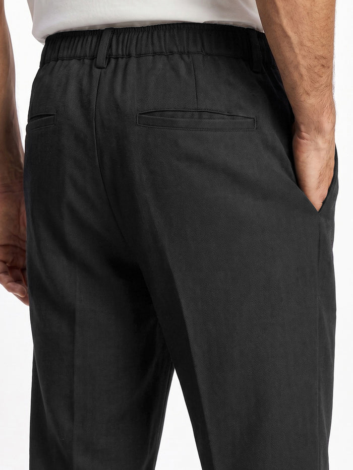 Men's Black Relaxed Fit Solid Linen Blend Trousers Non-Stretchable