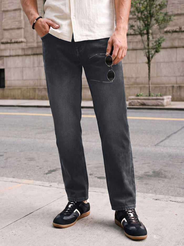Men's Black Relaxed Fit Washed Denim Jeans Non-Stretchable
